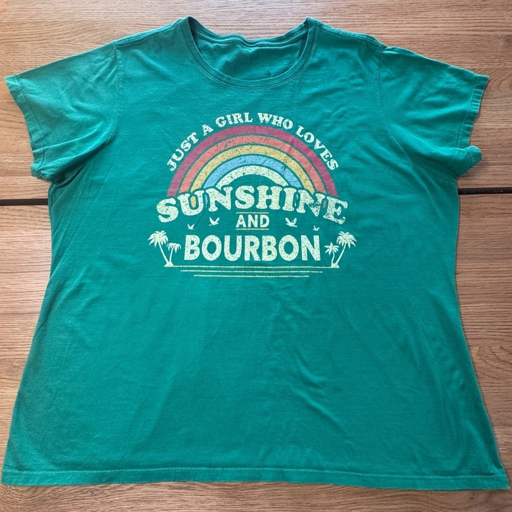 Sunshine and Bourbon Rainbow Graphic Tee Green Short Sleeve Relaxed Fit Shirt 2X